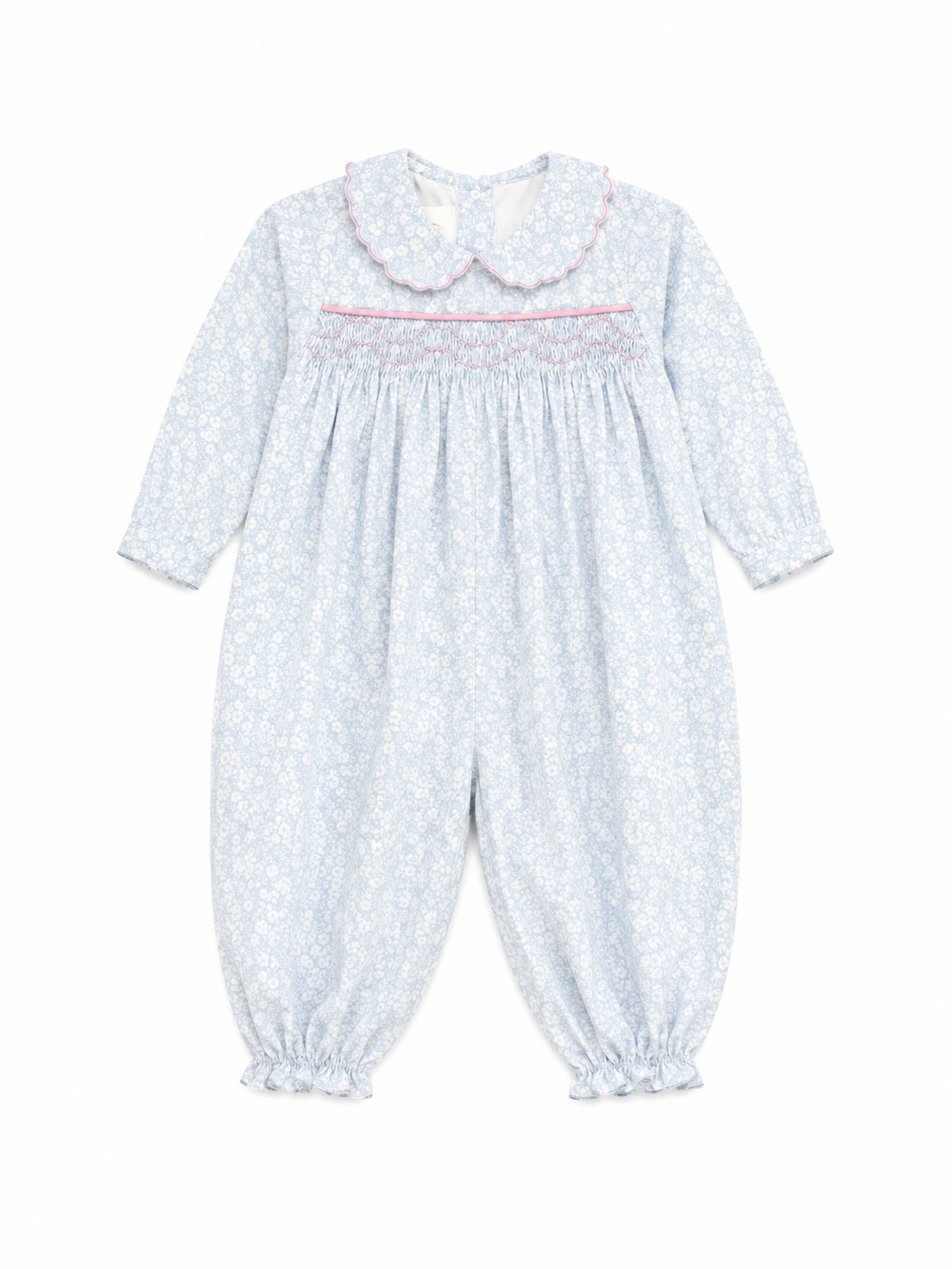 18M Lullaby Set Blue/White Floral Long Romper with Pink Smocking
