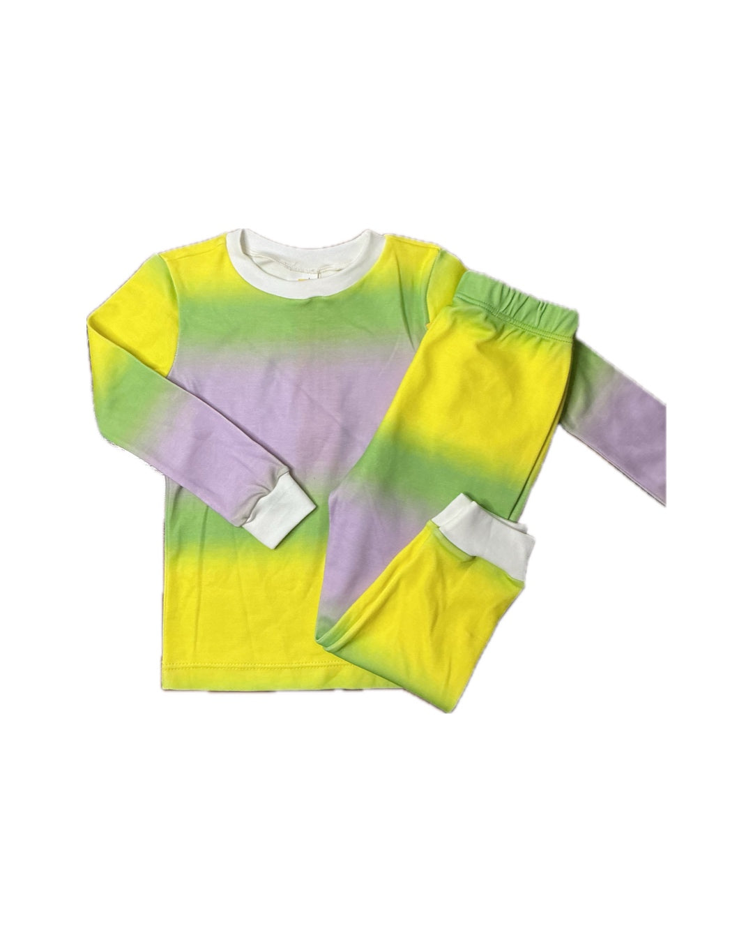 Children's long sleeve pajama set in pastel yellow, green, and purple tie-dye pattern