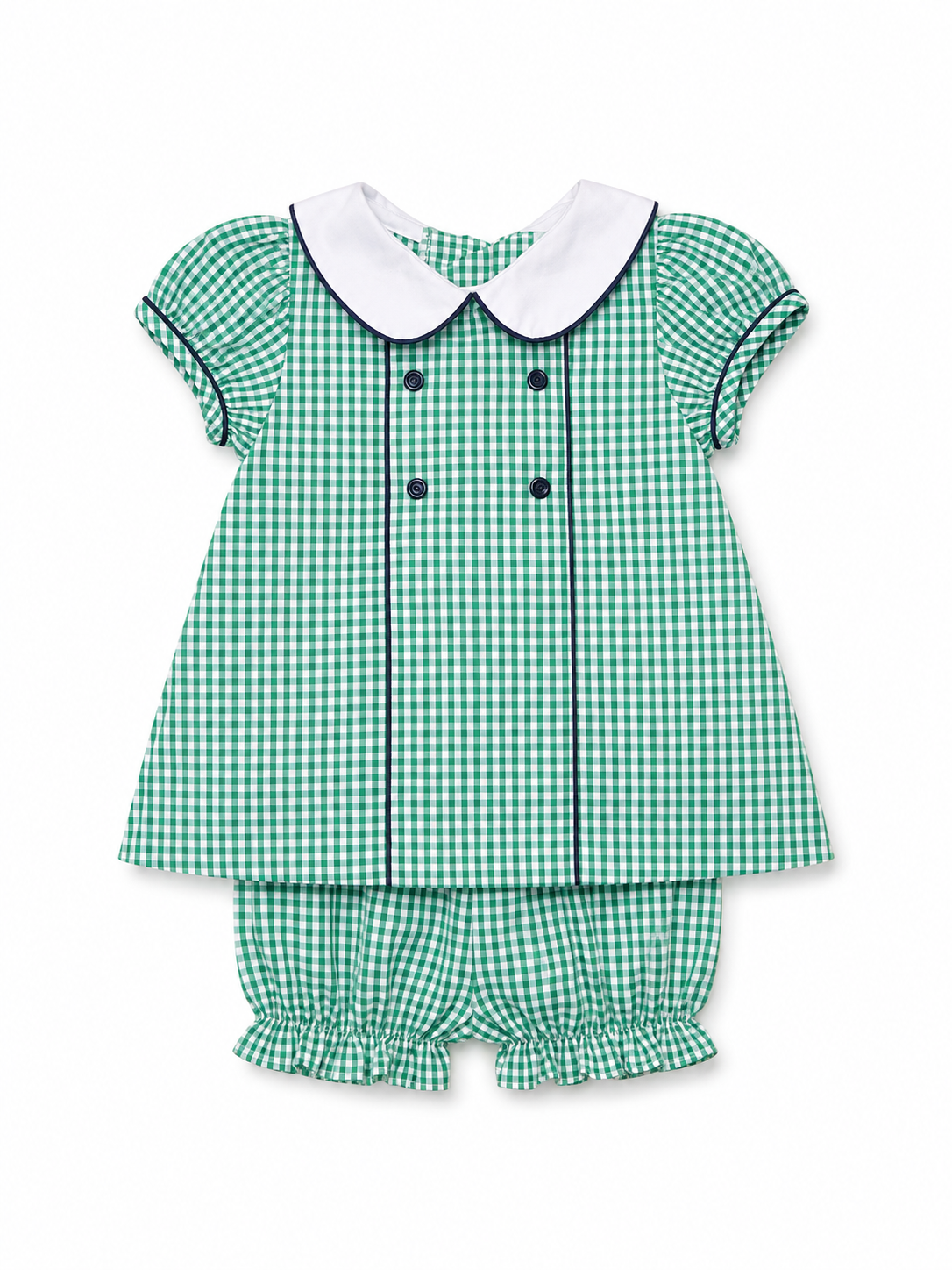 18M Little English Green Bloomer Set with Navy Buttons and Piping