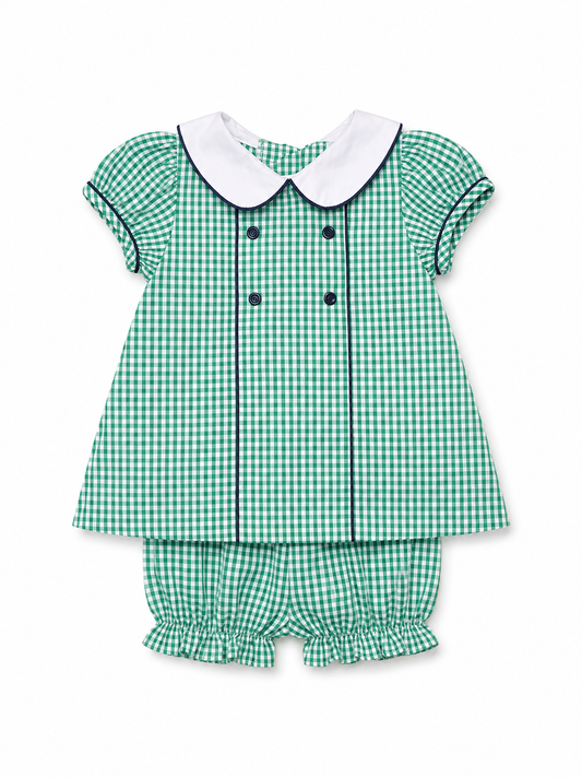 18M Little English Green Bloomer Set with Navy Buttons and Piping