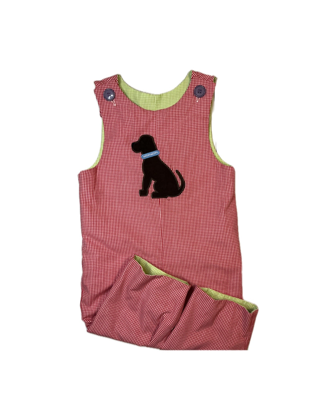 Red gingham toddler romper with black dog applique and green lining, classic children's clothing