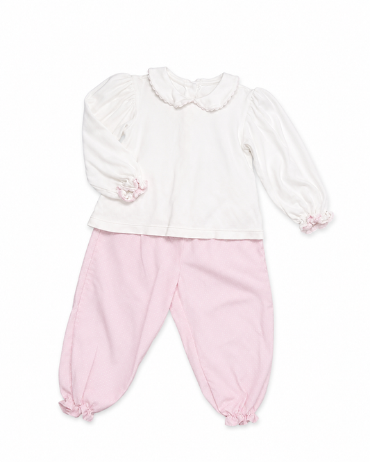 2T Lullaby Set Pima Cotton Top and White/ Pink Polka Dot Bubble Pants