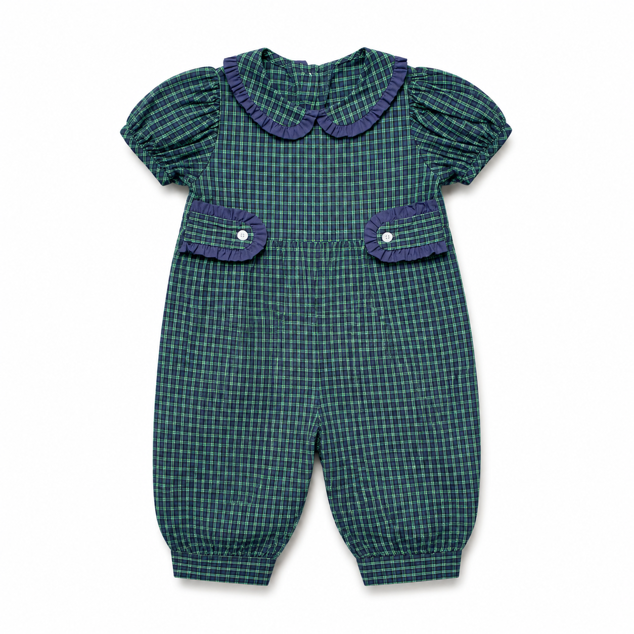 24M James & Lottie Green and Navy Plaid Long Romper