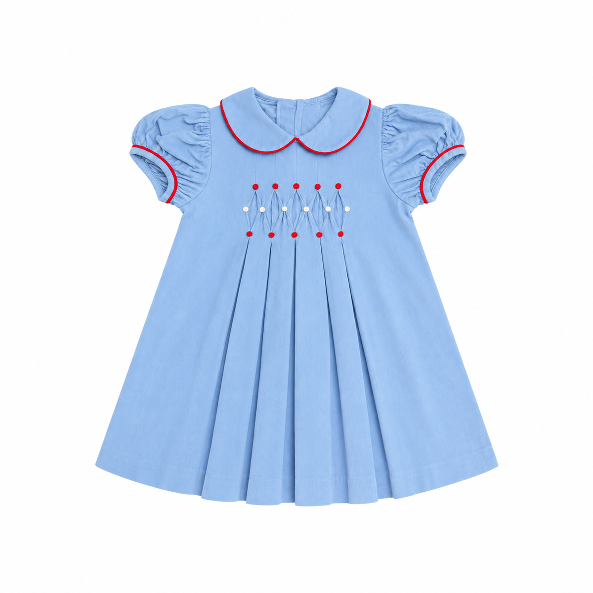 2T Zuccini Kids Blue Cord Dress with Red and White Rosettes