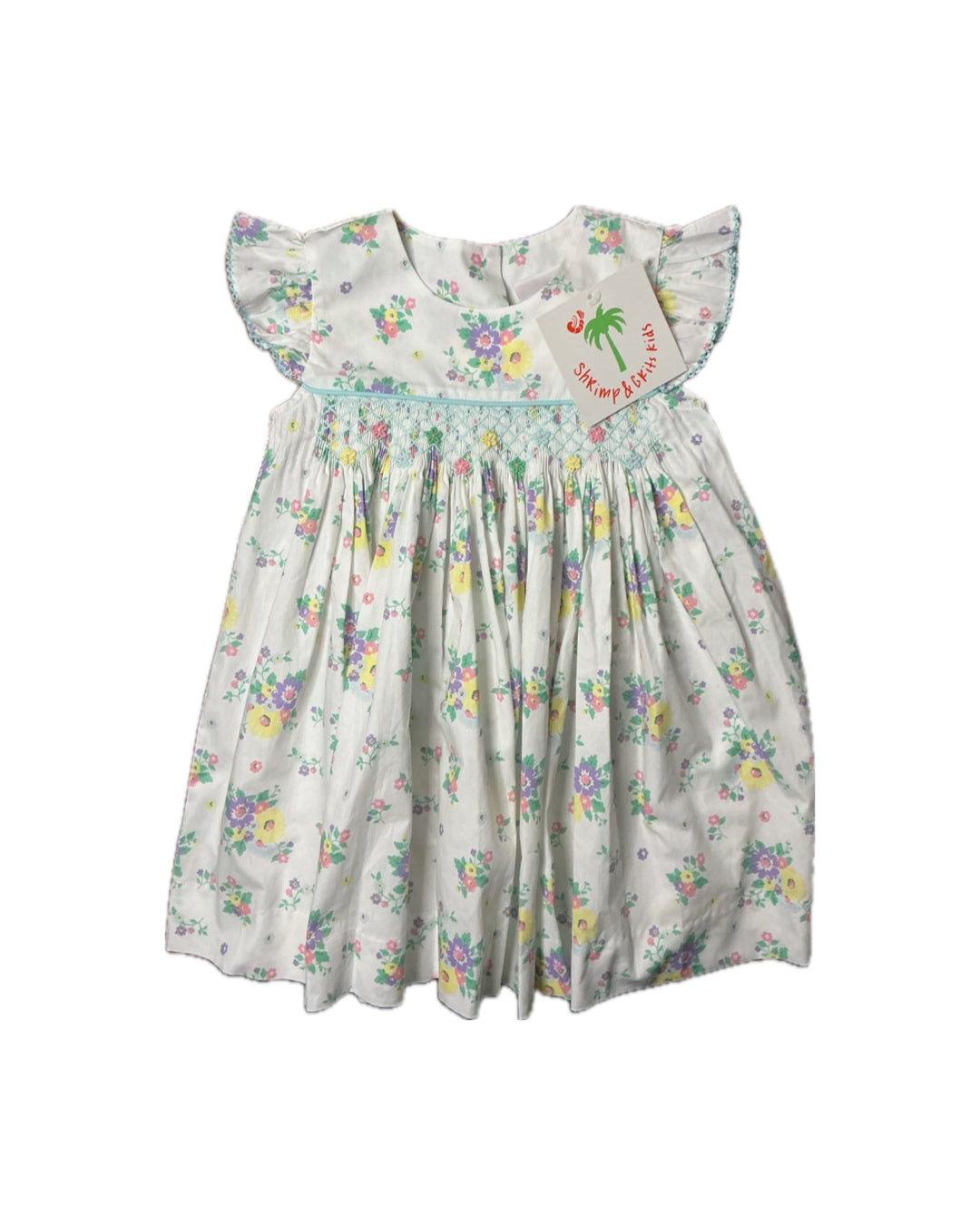 Floral smocked girls dress with flutter sleeves and multicolor flower print