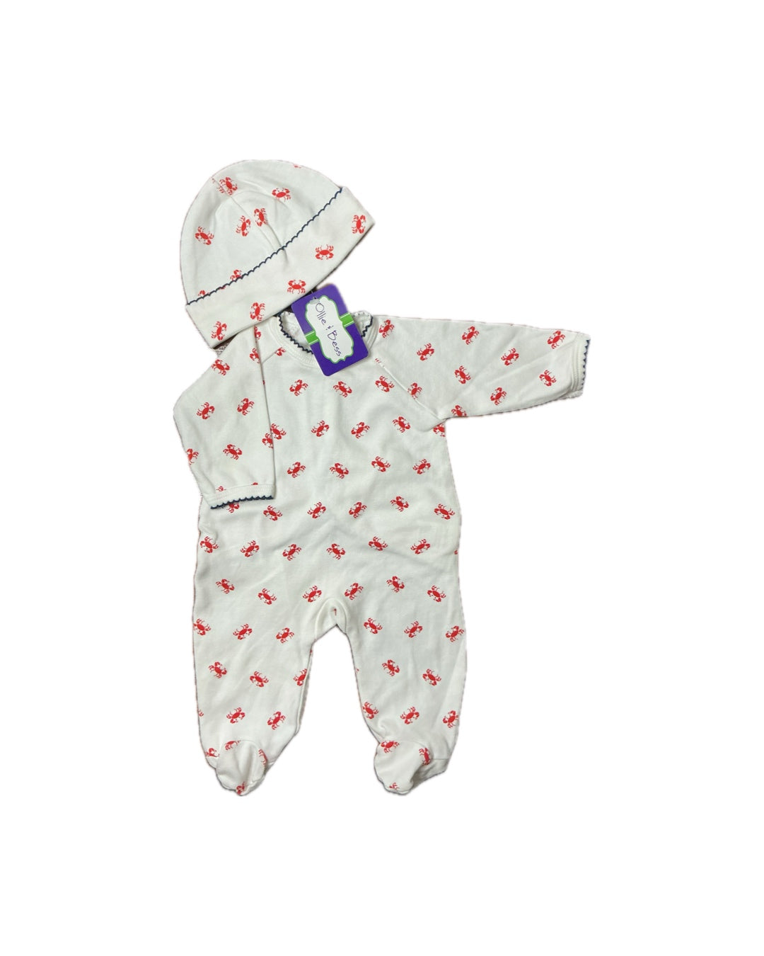 White infant romper and hat set with red crab print and scalloped trim