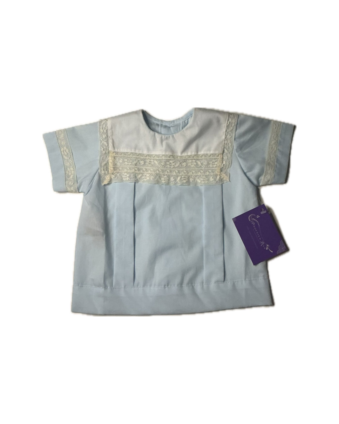 Light blue short sleeve toddler shirt with white lace trim and pleated front detail