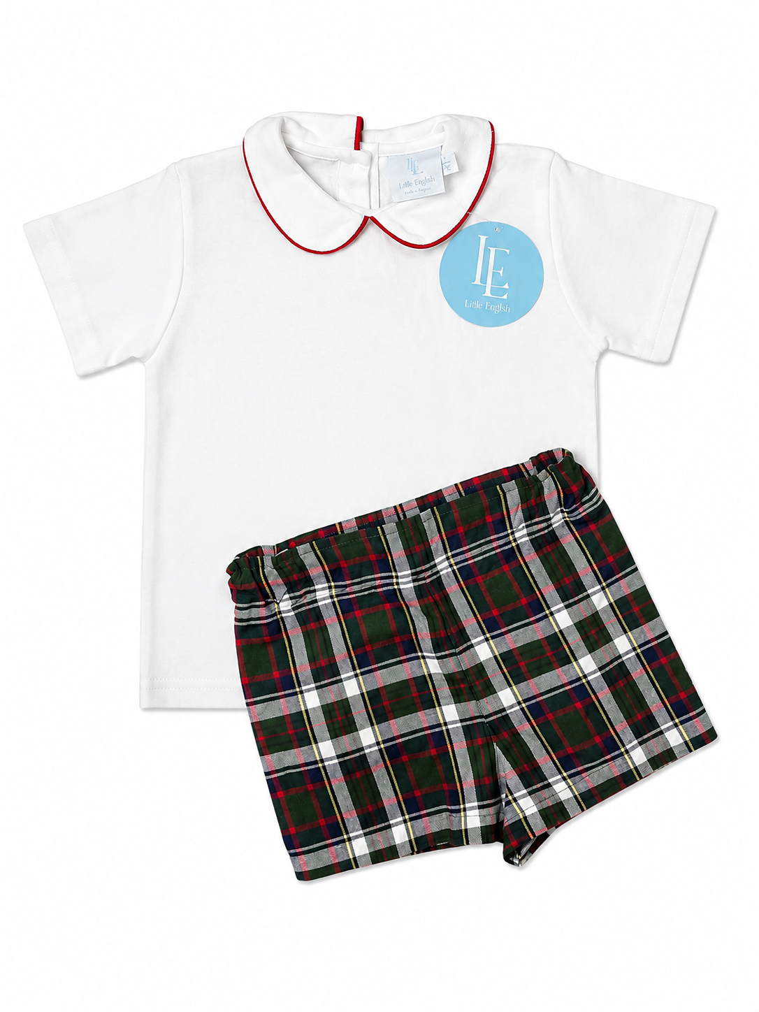 4T Little English Peter Pan collar Top and 4T TBBC shorts in Grant Park Plaid with Nantucket Navy Stork