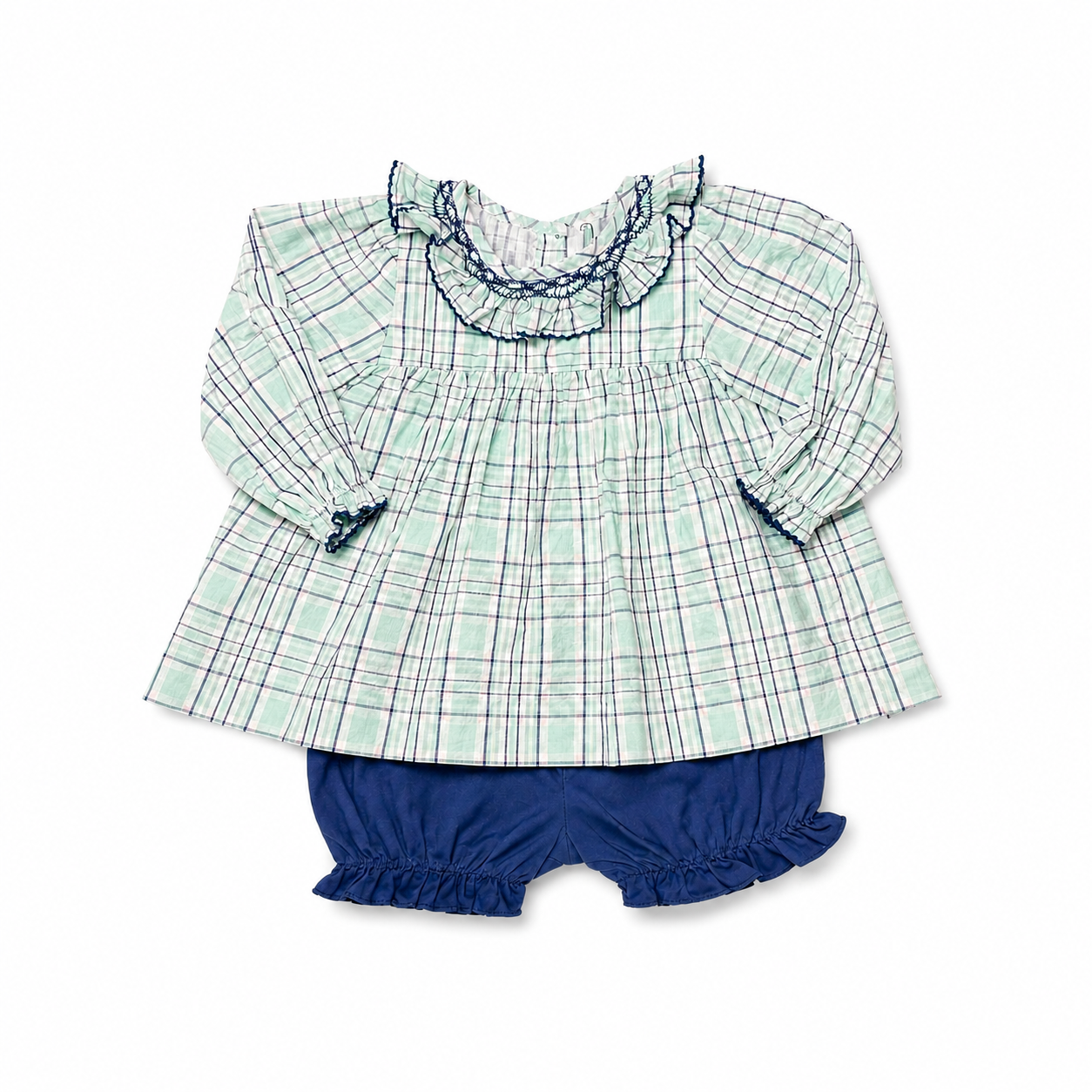 24M Smockingbird Navy/ Teal Plaid and Smocked Ruffle Bloomer Set