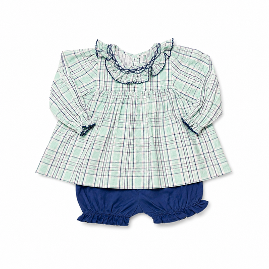 24M Smockingbird Navy/ Teal Plaid and Smocked Ruffle Bloomer Set