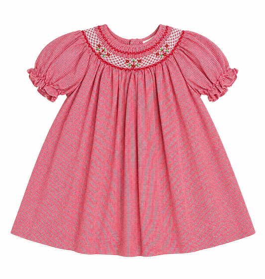 2T Simply Smock Red Houndstooth Bishop Smocked Dress