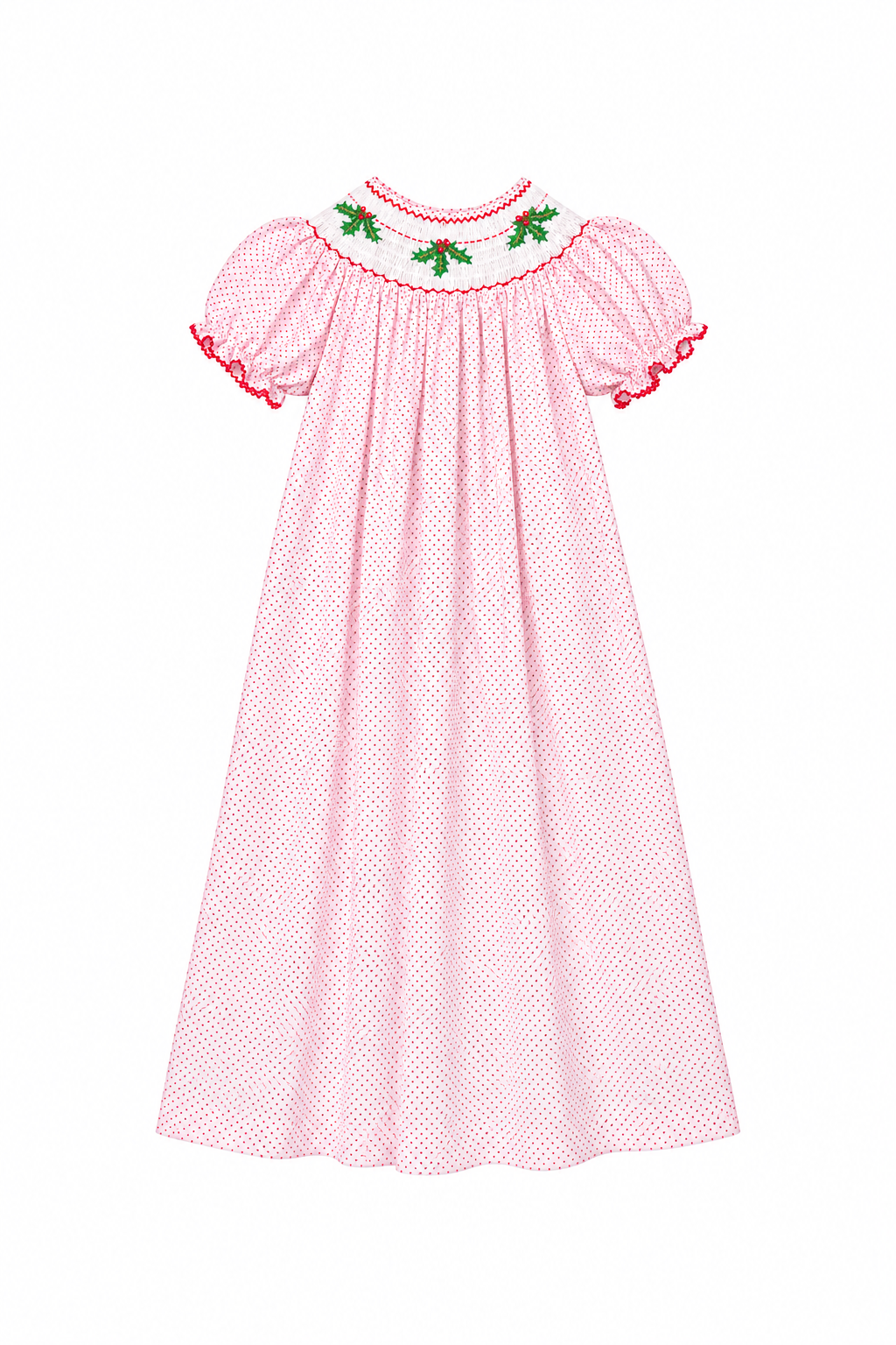 7 Classic Whimsy Polka Dot and Holly Smocked Dress
