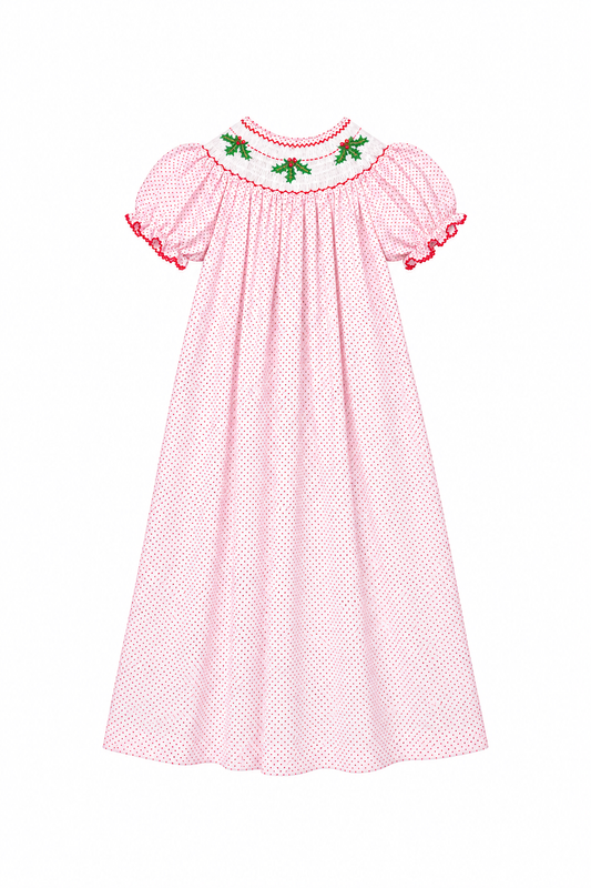 7 Classic Whimsy Polka Dot and Holly Smocked Dress