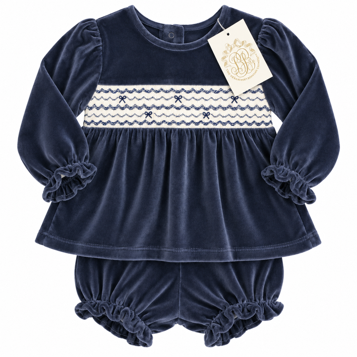 6M TBBC Smocked Bonair Bloomer Velour in Nantucket Navy and Worth Ave White