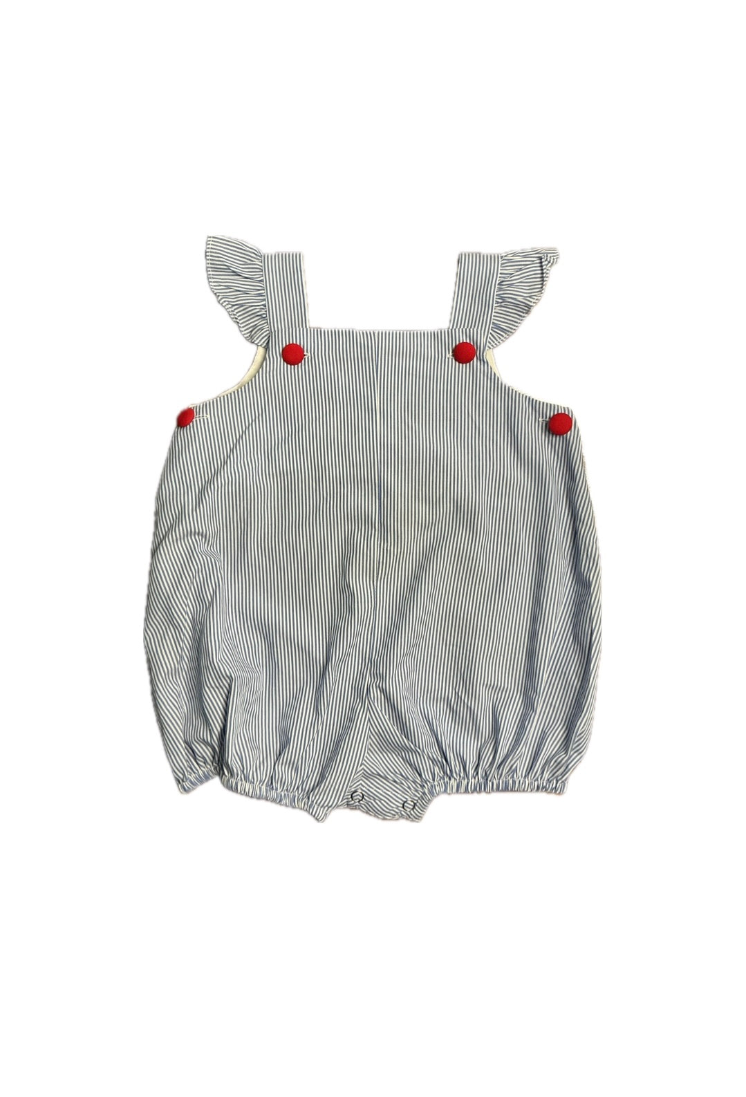 18M Blue/ White Striped Bubble with Red Covered Buttons and Ruffle Shoulders