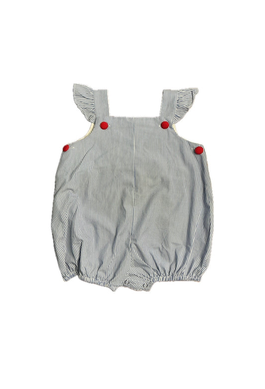 18M Blue/ White Striped Bubble with Red Covered Buttons and Ruffle Shoulders