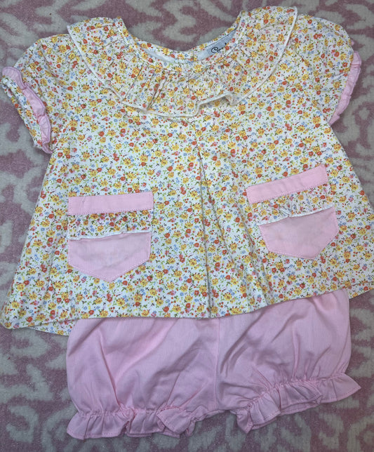 Sz 6M Smocking Bird Floral Cord Ruffle Diaper Set