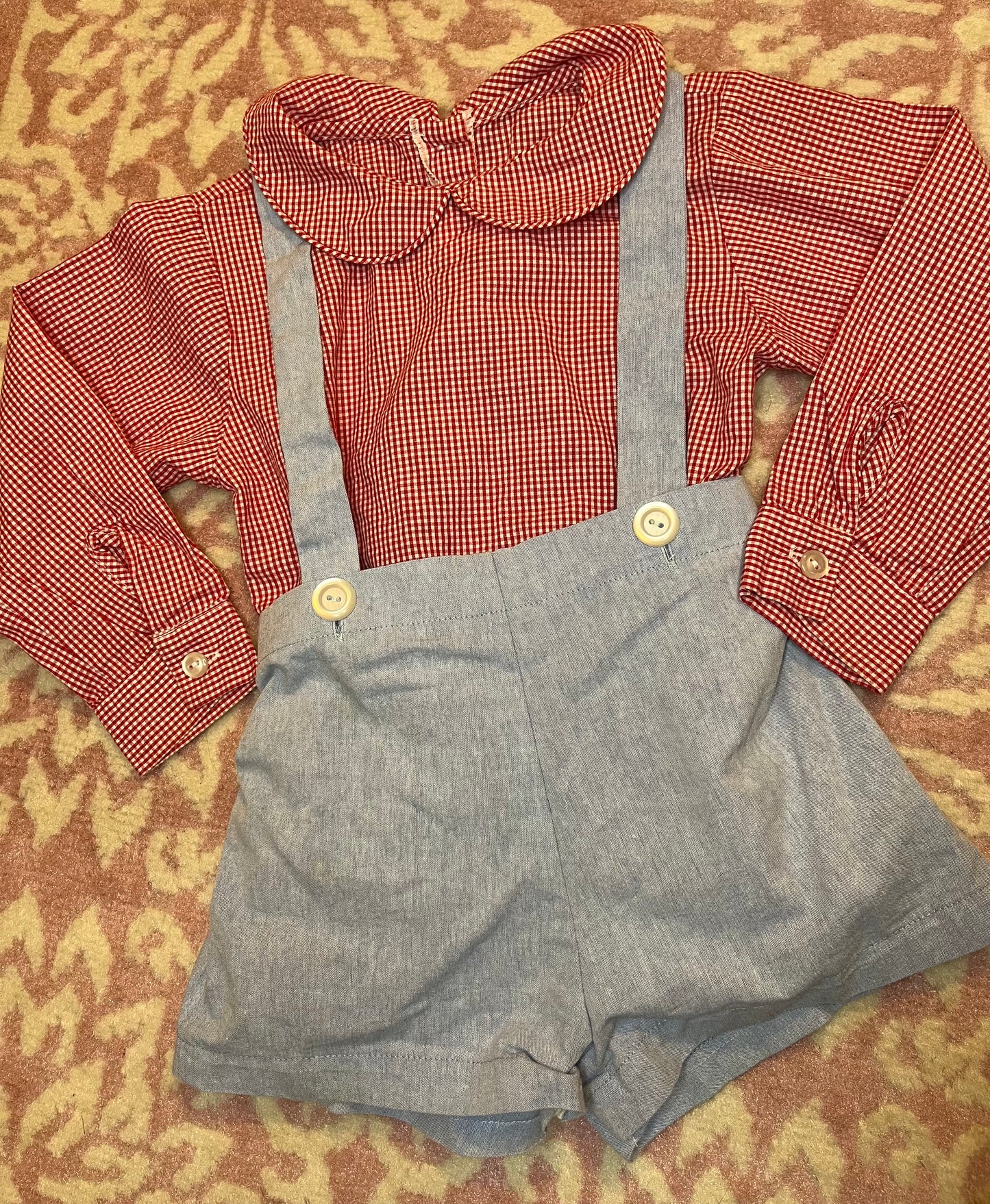 Sz 2T James & Lottie Peter Pan Collar LS Red Shirt with a Sz 2T Hannah Kate Chambray Overall