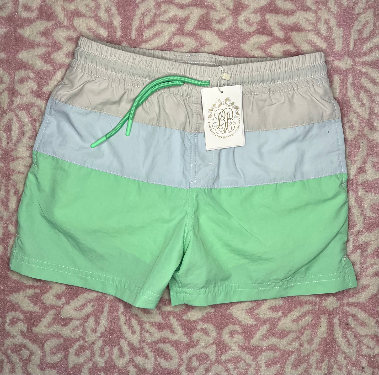 12 TBBC Country Club Colorblock Swim Trunk Sandy Springs Stone, Buckhead Blue, & Grace Bay Green with Worth Avenue White Stork