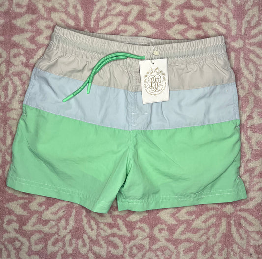 12 TBBC Country Club Colorblock Swim Trunk Sandy Springs Stone, Buckhead Blue, & Grace Bay Green with Worth Avenue White Stork