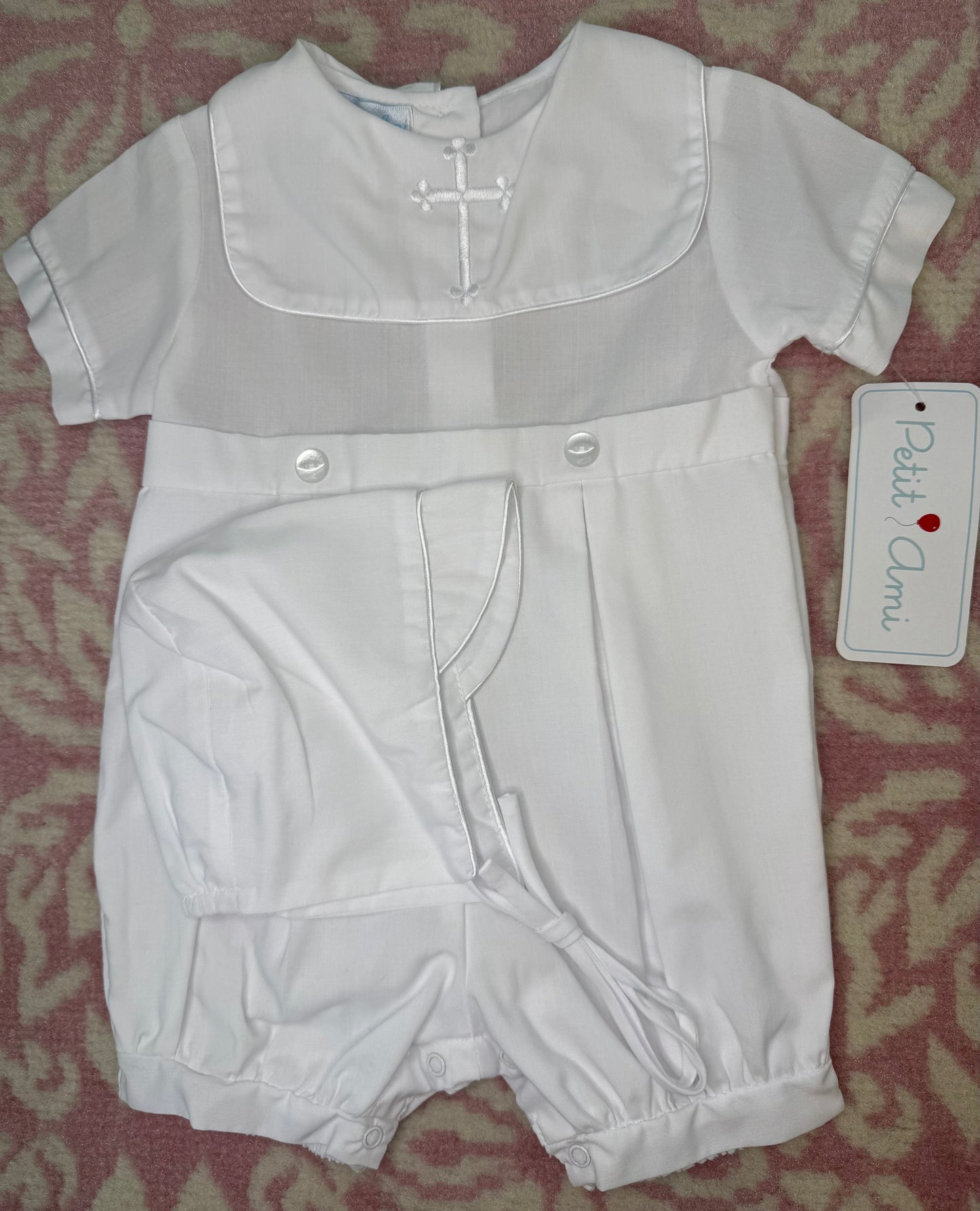 3M Petite Ami Boy Baptism Button On w/ Cross Detail & Bonnet