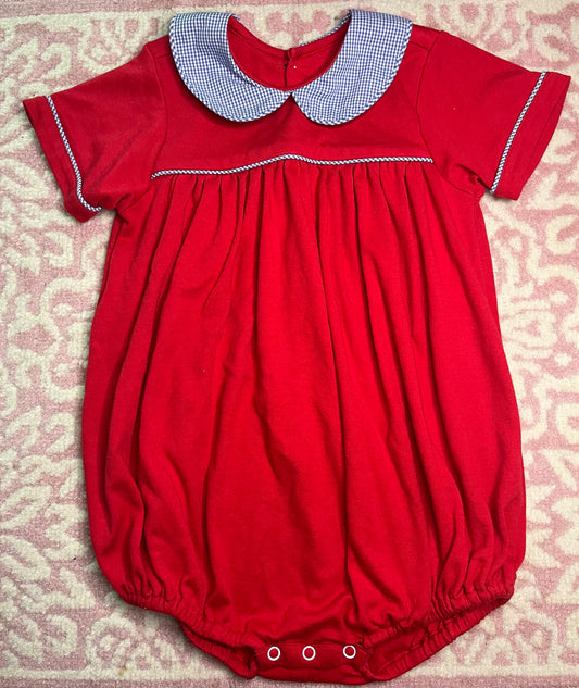 3T Baby Sen Red Bubble with Blue Microcheck Collar and Piping