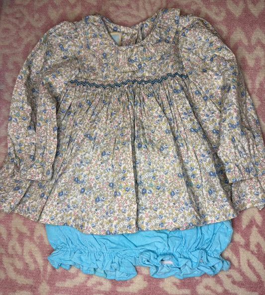 9M Little English Blue Floral Smocked LS Bloomer Set