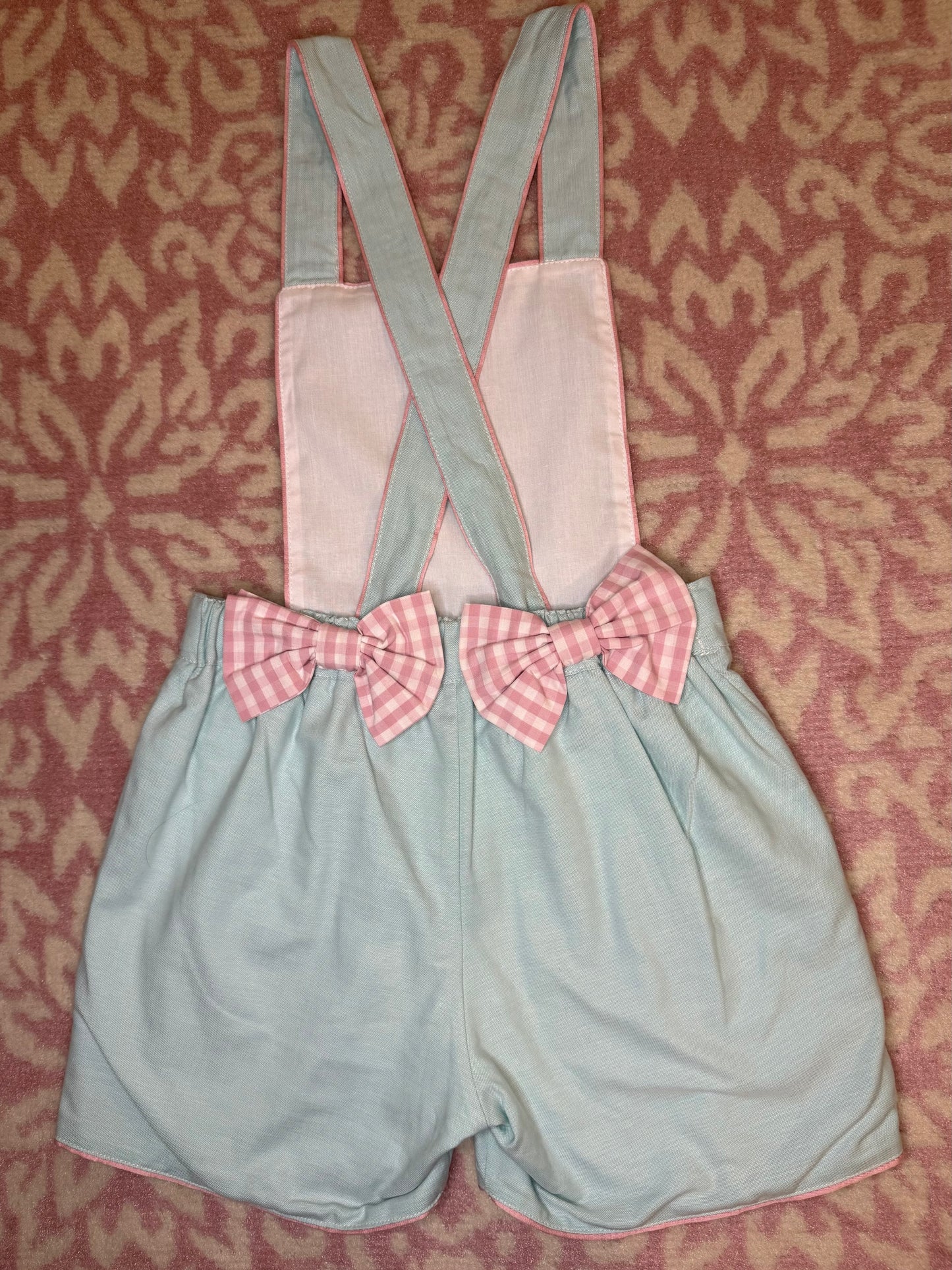 6T Sal & Pimenta Turquoise Romper w/ Gingham Pink Bows