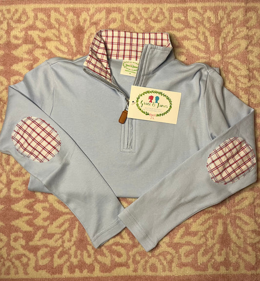 Sz 8 Grace & James Kids Oliver Half- Zip Pullover in Light Blue and Res