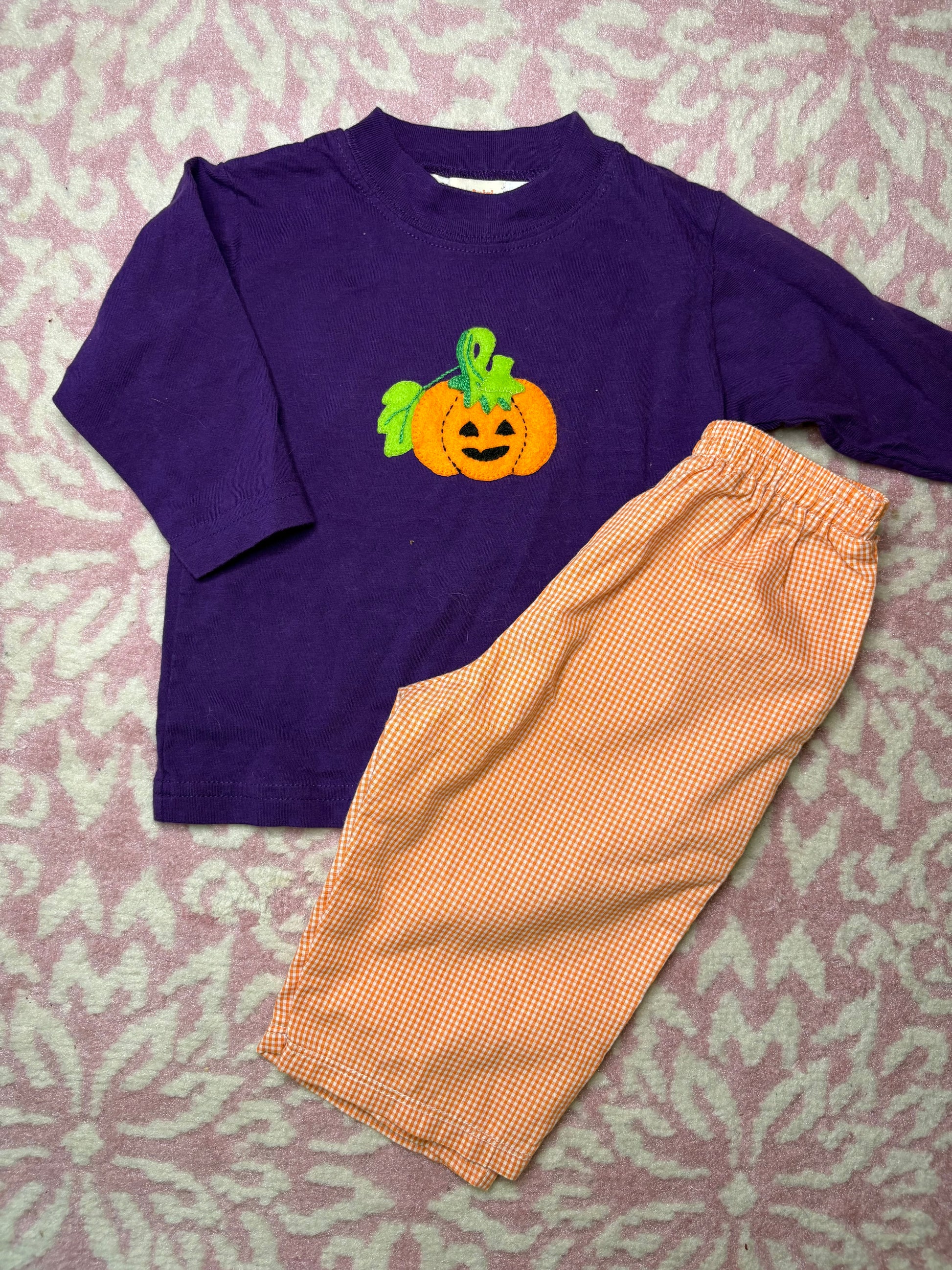 Purple long sleeve shirt with pumpkin applique and orange gingham pants for kids on pink rug