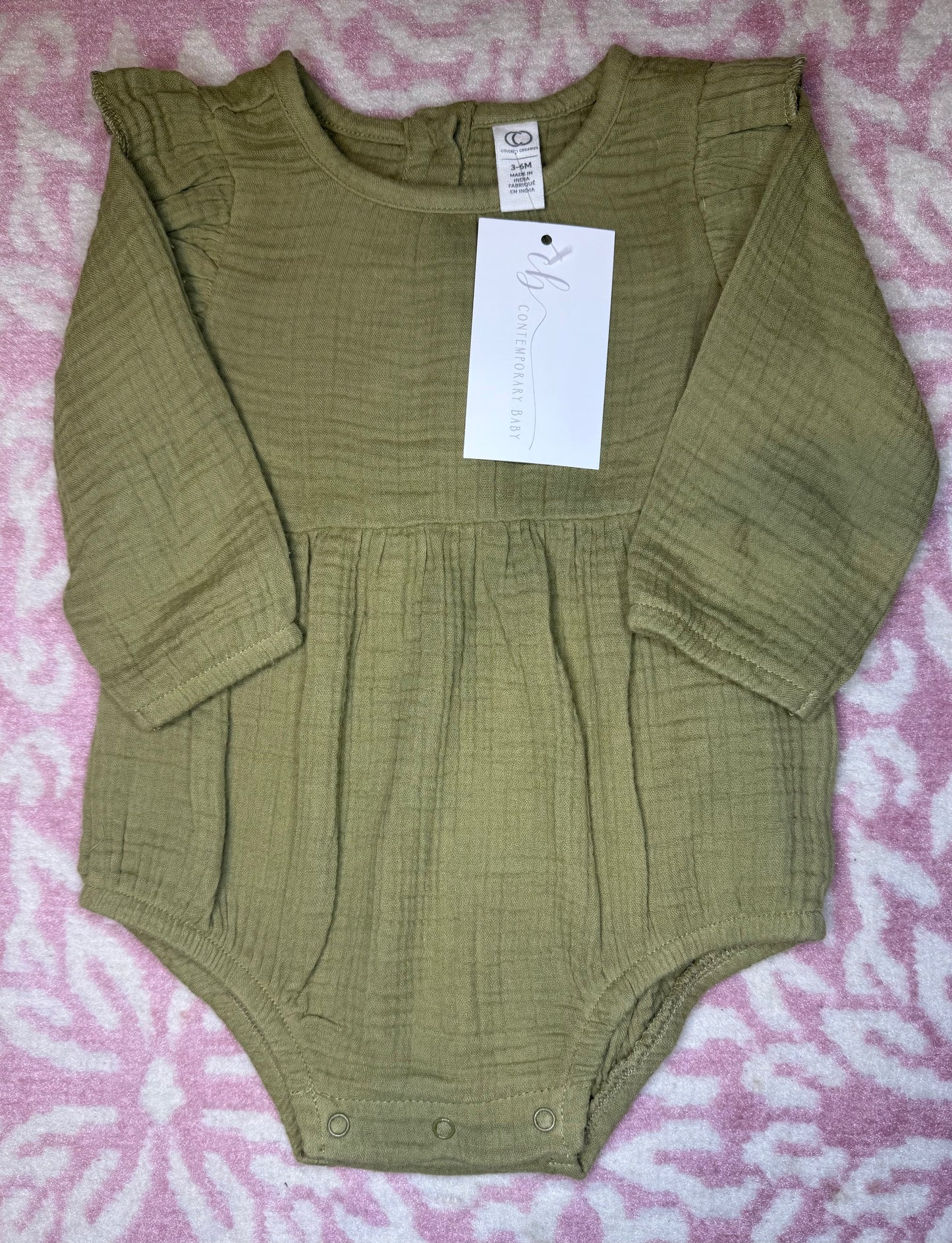 3/6M Colored Organics Olive Muslin Ruffle Bubble