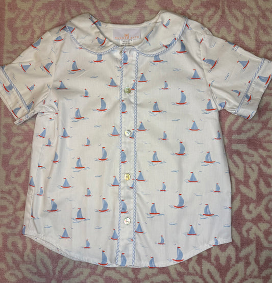 Sz 6 Hannah Kate Sailboat Short Sleeve Peter Pan Collar Button Down