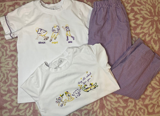 Sz 5T Little Louanne Gameday Shirt, Sz 5 Banbury Cross Gingham Pants, Sz 6 Little Louanne Mardi Gras Shirt Bundle