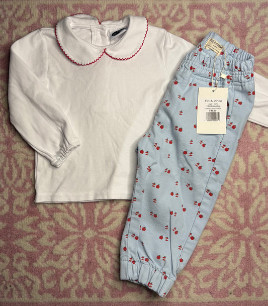 18M PBJ Red Scallop Collar LS Too with 18/24M Fin & Vince Apple Joggers