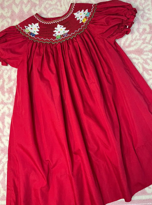 Sz 2T Rosalina Smocked Christmas Tree Crimson Dress