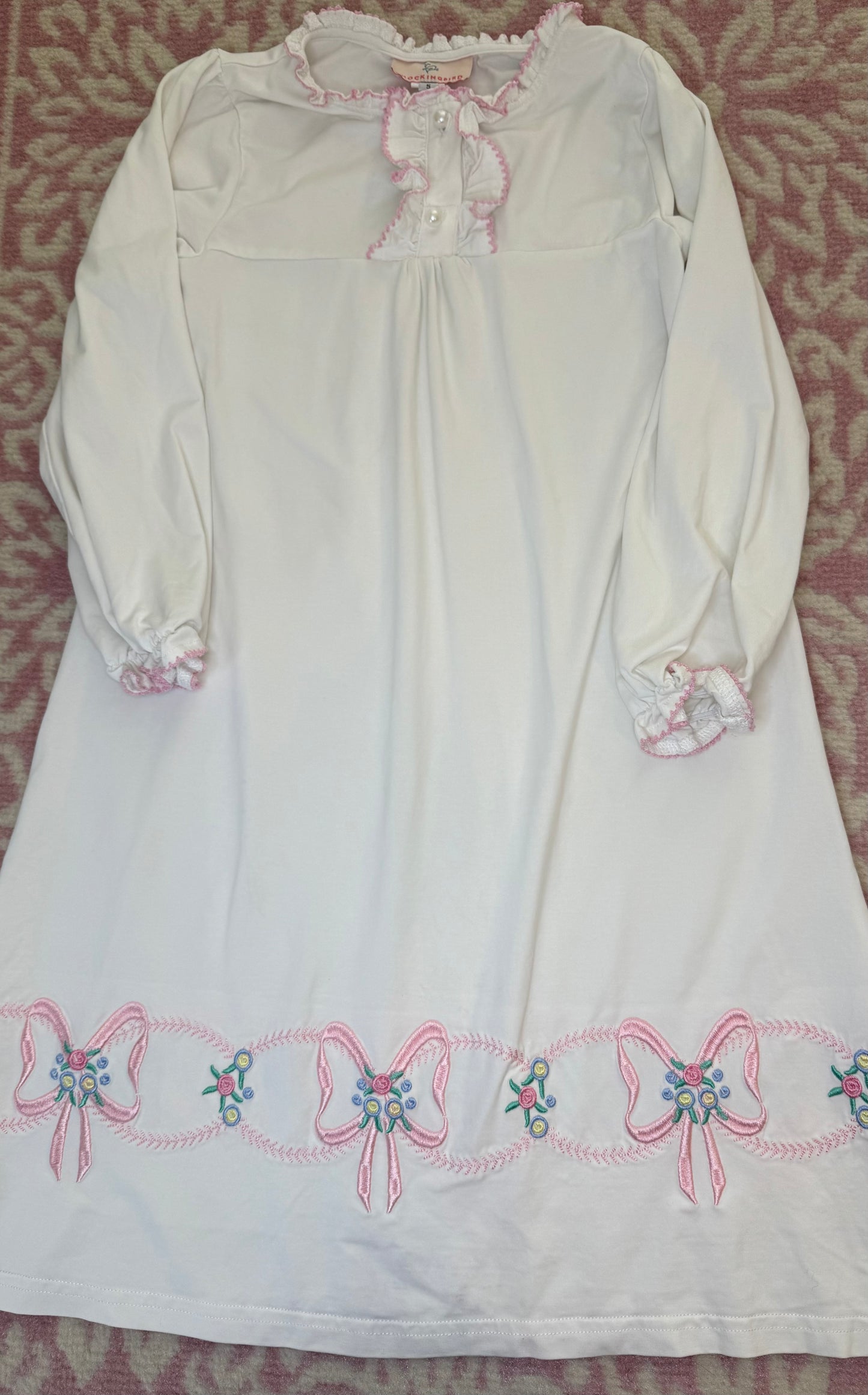Sz 5 Smockingbird Bow + Floral LS Nightgown