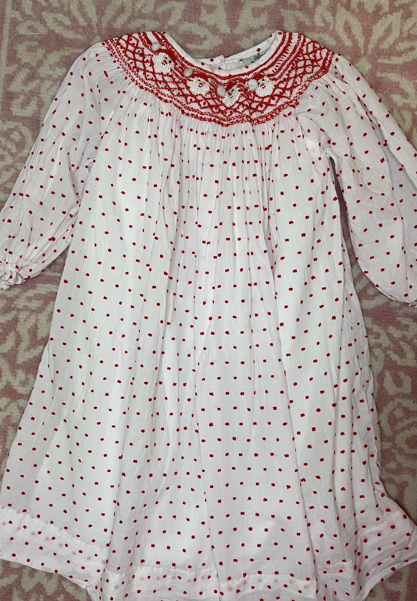 Sz 3T Olive You Swiss Dot Santa Smocked Bishop Dress