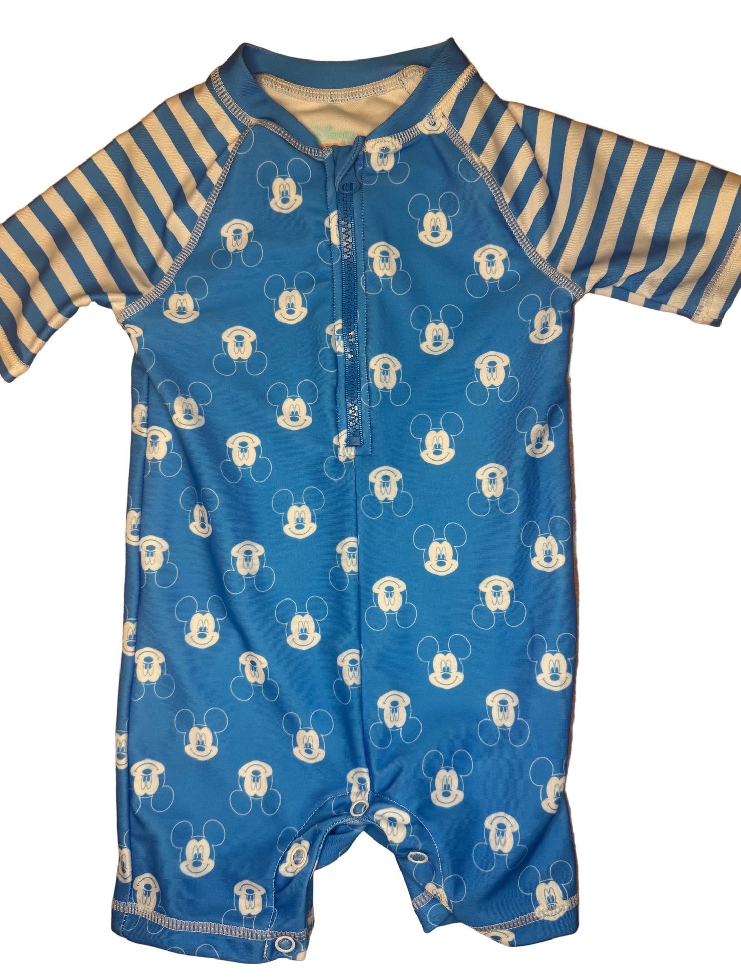 Blue baby romper with white cartoon mouse faces and striped short sleeves, front zipper