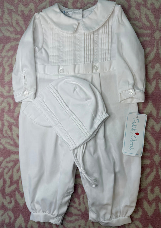 Sz 6M Petite Ami Boy Baptism Long Romper w/ Matching Bonnet