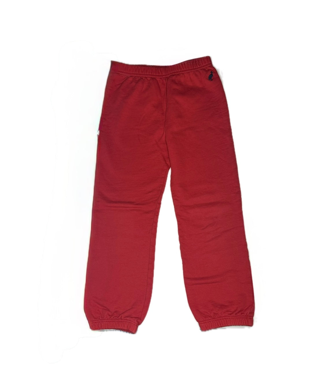Red children's jogger pants with elastic waistband and cuffs on white background