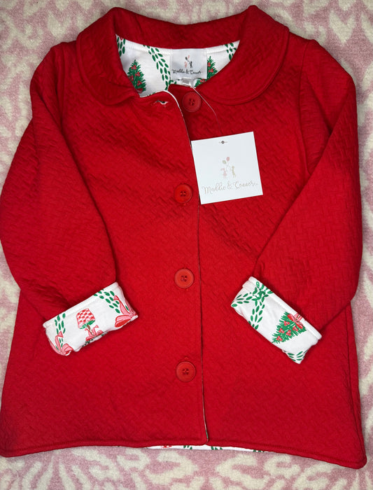 Sz 5 Maddie & Connor Red Quilted Pima Girls Jacket w/ Holiday Topiary lining