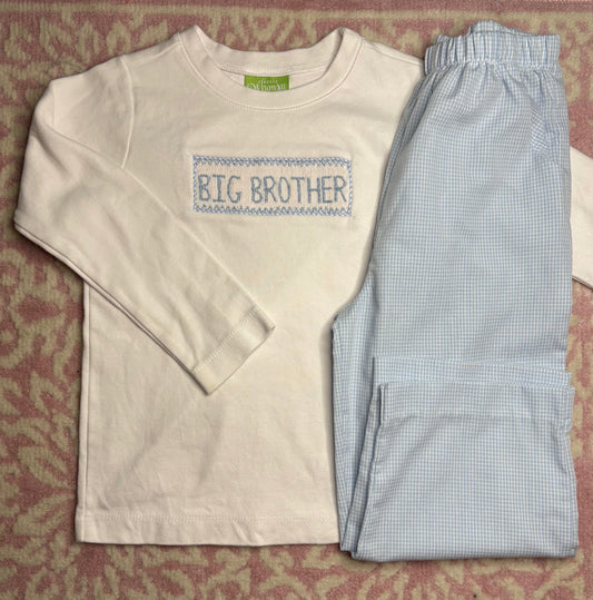 5 Classic Whimsy Little Brother Smocked LS Shirt and 6 Stitchy Fish Microcheck Pants
