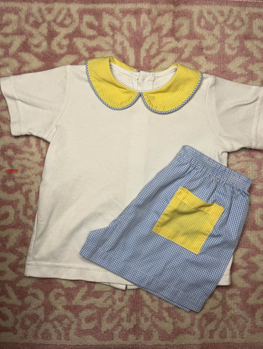 18M Lullaby Set Peter Pan Collar Short Set in Yellow and Blue