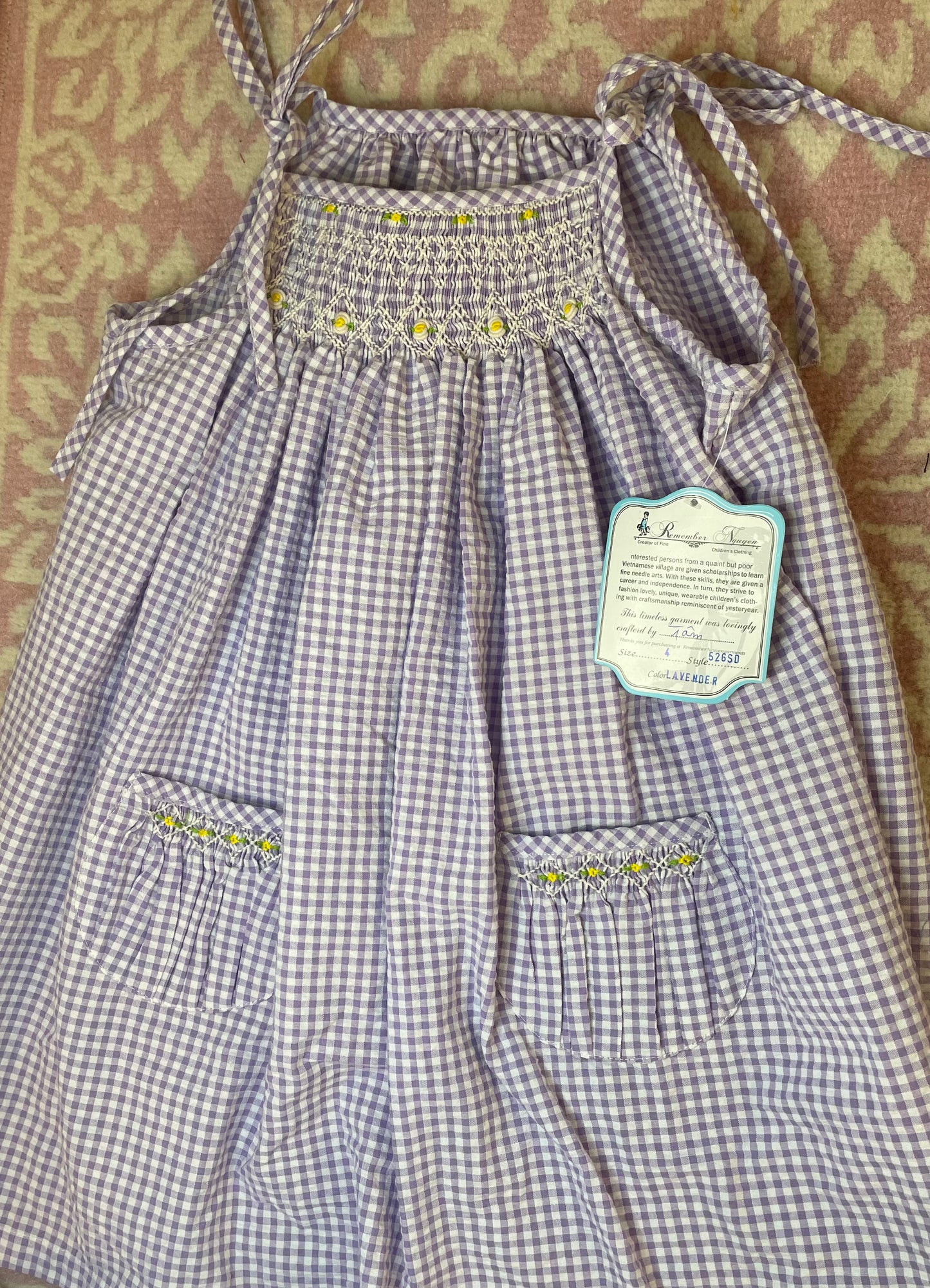 Sz 4 Remember Nguyen Lavender Check Tie Side Smocked Dress