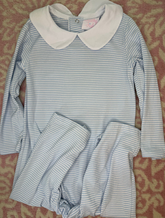 2T Stitchy Fish Blue Striped Peter Pan Collar Play Suit