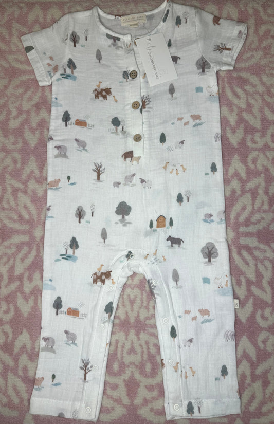 9/12M Elegant Baby Muslin Farm Animal Long Romper