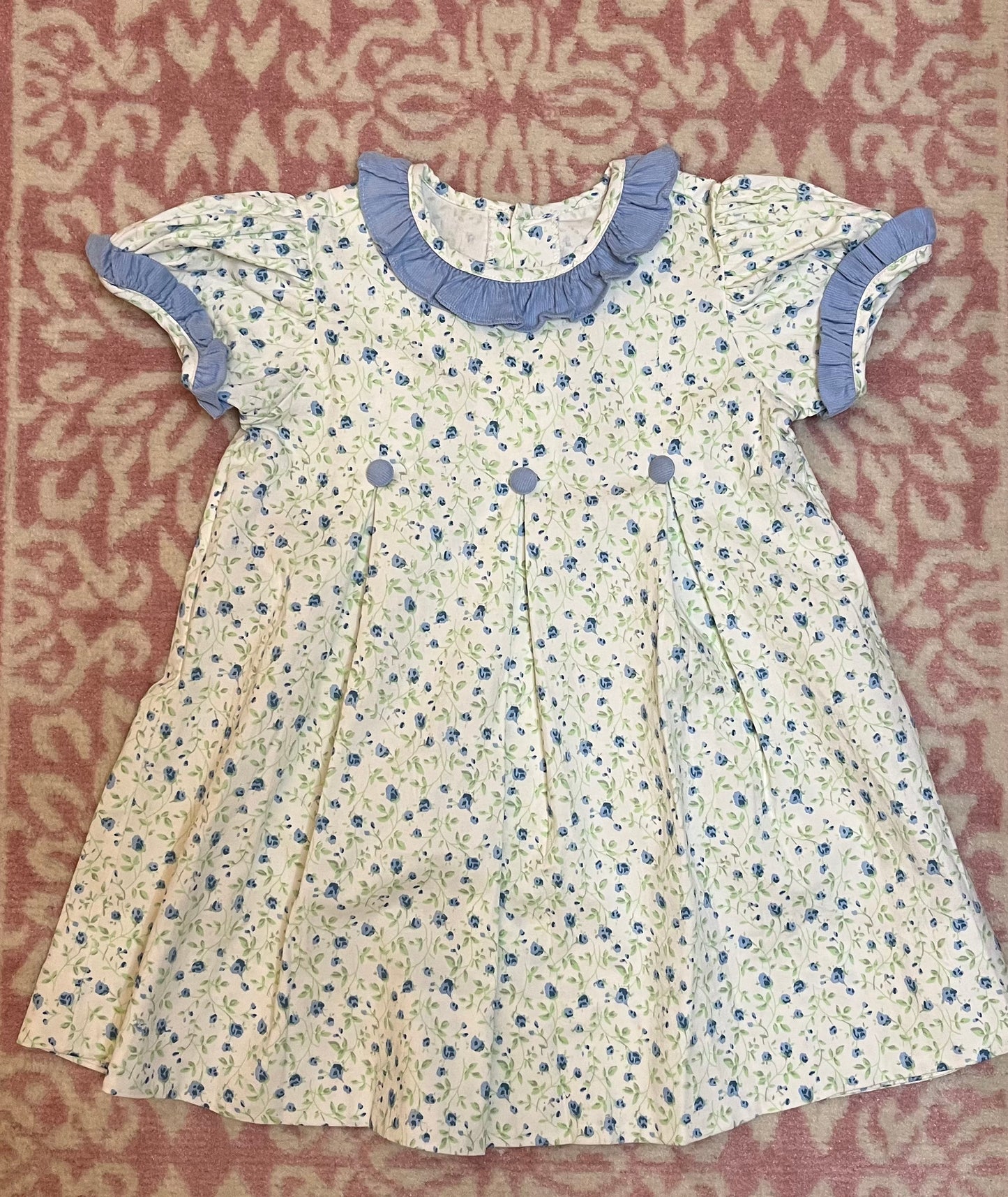 Sz 4T Baby Sen Blue Floral Dress with Corded Ruffles and Buttons