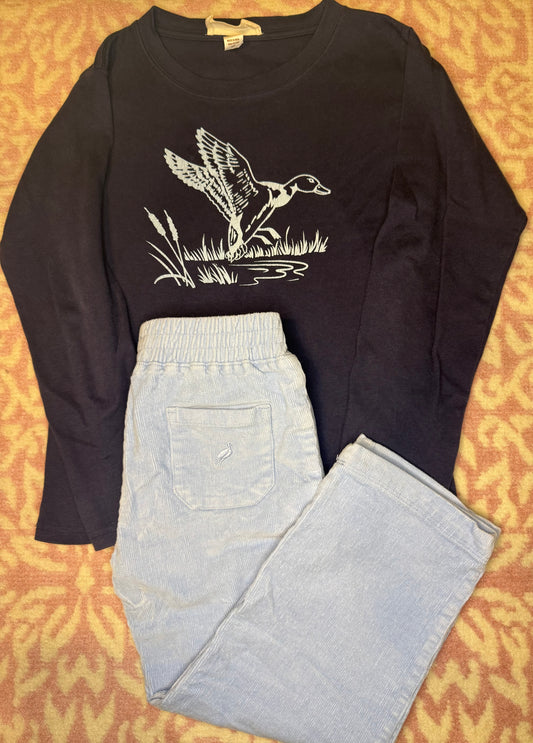 YS sz 5/6 Hannah Kate Duck LS Shirt + TBBC Barbados Blue Cord Pant Set