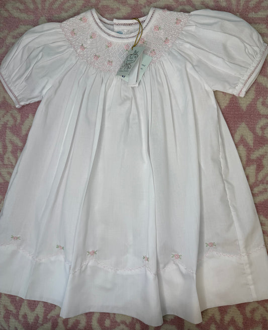 6M Feltman Brothers Pale Pink Smocked Dress w/ Pearl & French Knot Floral Details