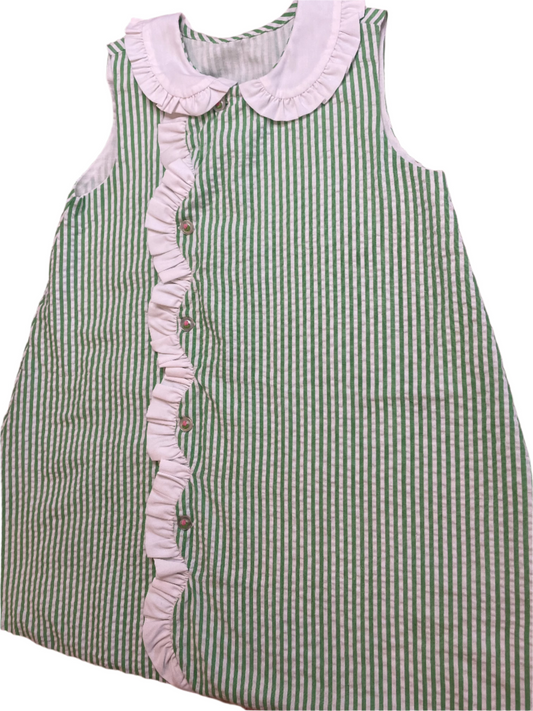 Sz 4T Remember Nguyen Seersucker Green & White Striped Dress w/ Rosette Buttons